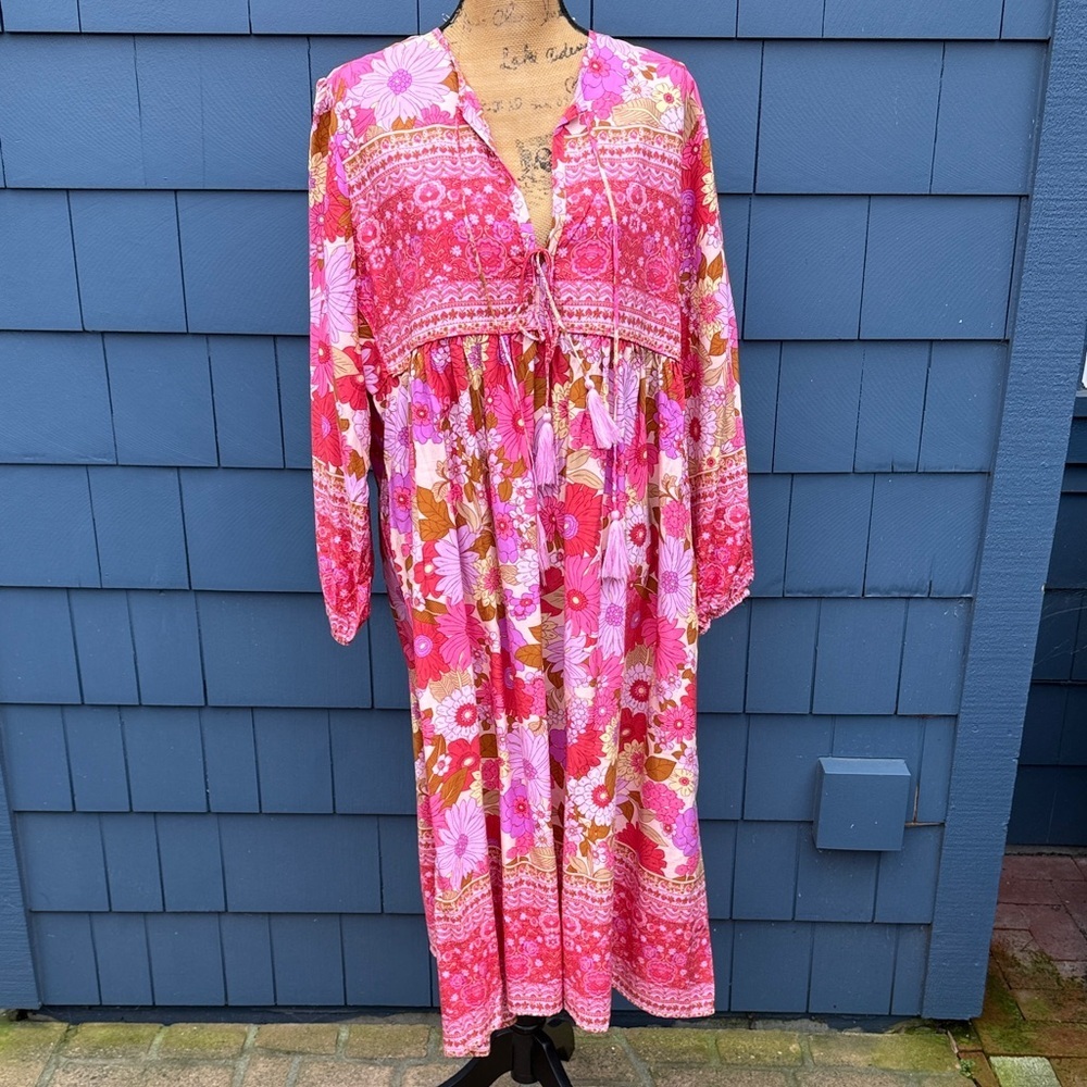 Pink Floral Dress Boho XL rayon purple red hippie chick
